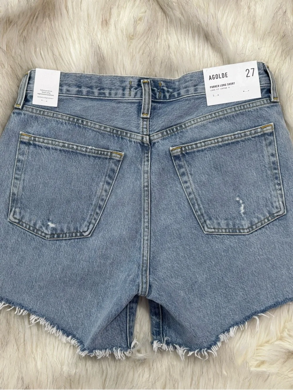 NWT Agolde Parker Long Swapmeet Light Blue Distressed Denim Cutoff Shorts SZ 27 - Picture 12 of 16